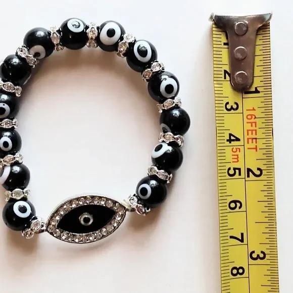 Crystal & Black Beaded Evil Eye Sliver Plated Bracelet - Picture 3 of 7